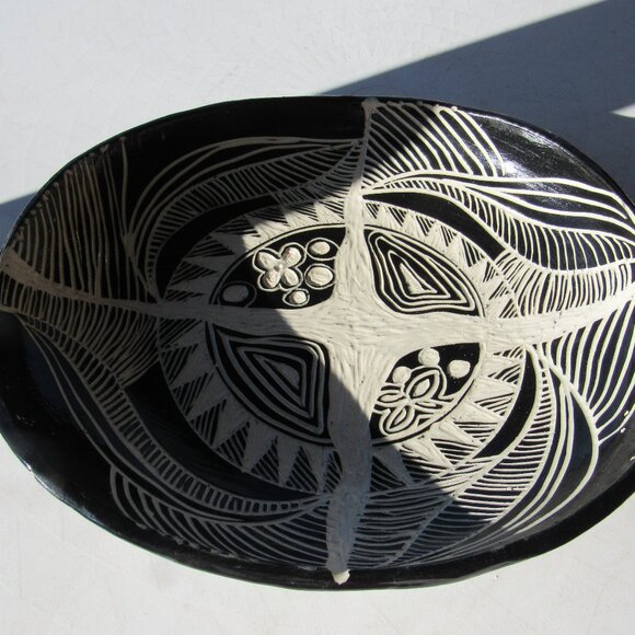 J Gallegos Other - Handmade Black and White Abstract Serving Bowl Sgraffito